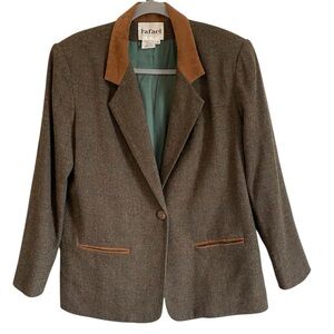 Rafael Brown Tweed Wool Blend One Button Faux Suede Vintage Jacket, Size 10